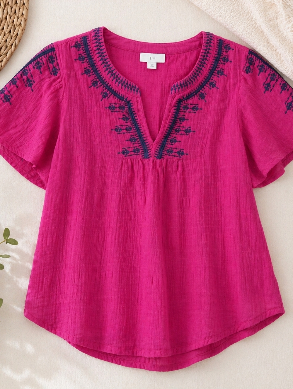 J.Jill Embroidered Top | Petite XS | Pink | Cotton Flutter Sleeve